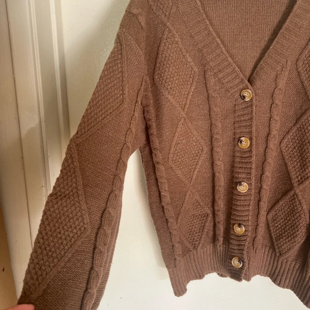 Cozy Brown Cable Knit V-Neck Button Cardigan Sweater